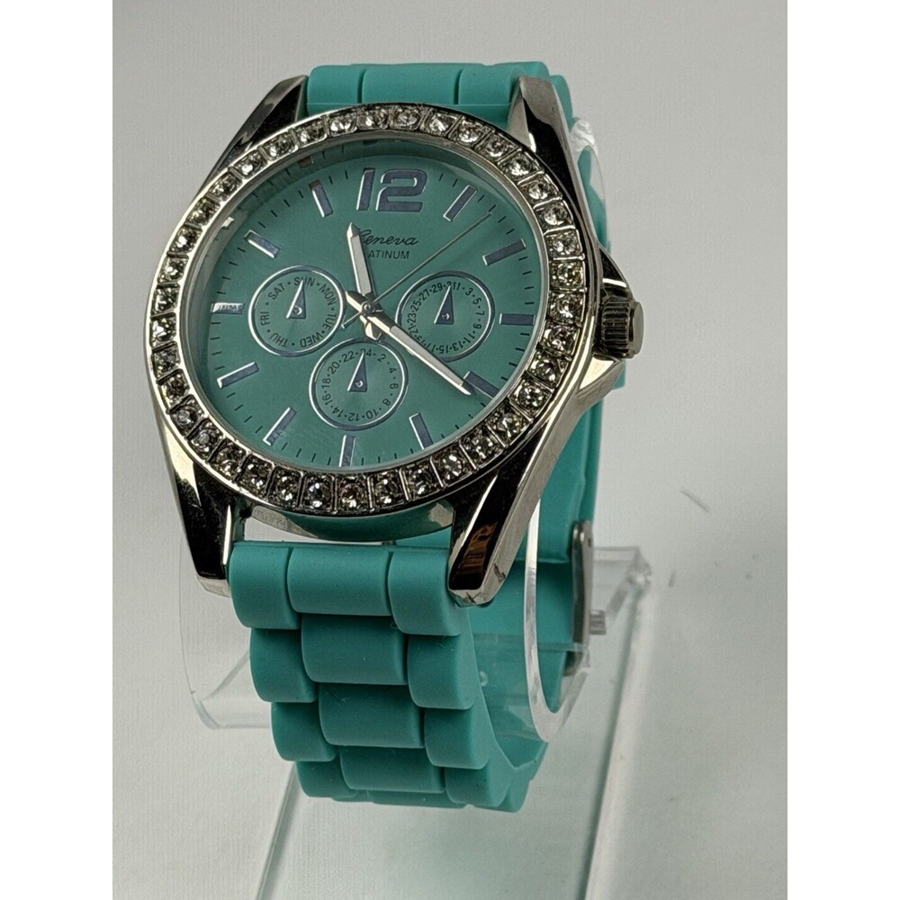 Geneva Platinum Women’s Turquoise Quartz Watch 46mm Rhinestone Fresh Battery